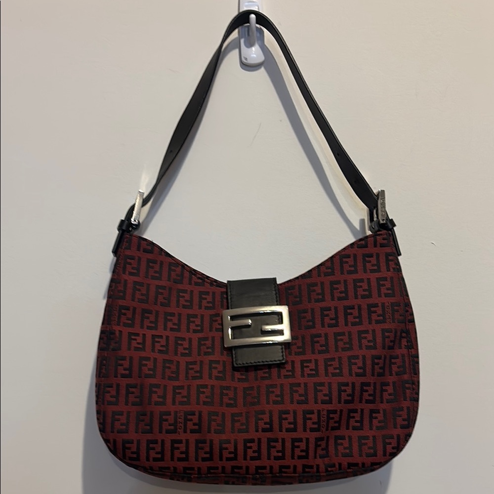 Fendi Zucca Pattern Red and Black Shoulder Bag with FF Monogram